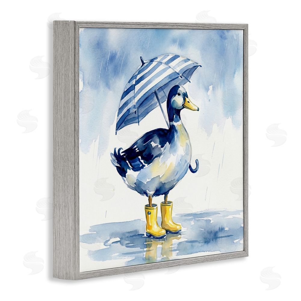 Imagine It Images Blue Duck with Yellow Rain Boots Gray Framed Giclee Wall Art Print
