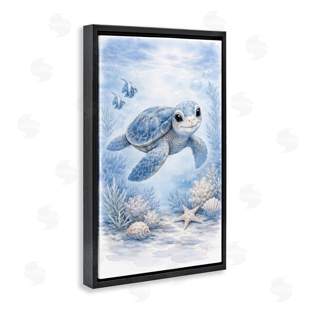 Tom Crehan Baby Blue Sea Turtle Black Floating Frame Canvas Wall Art Print
