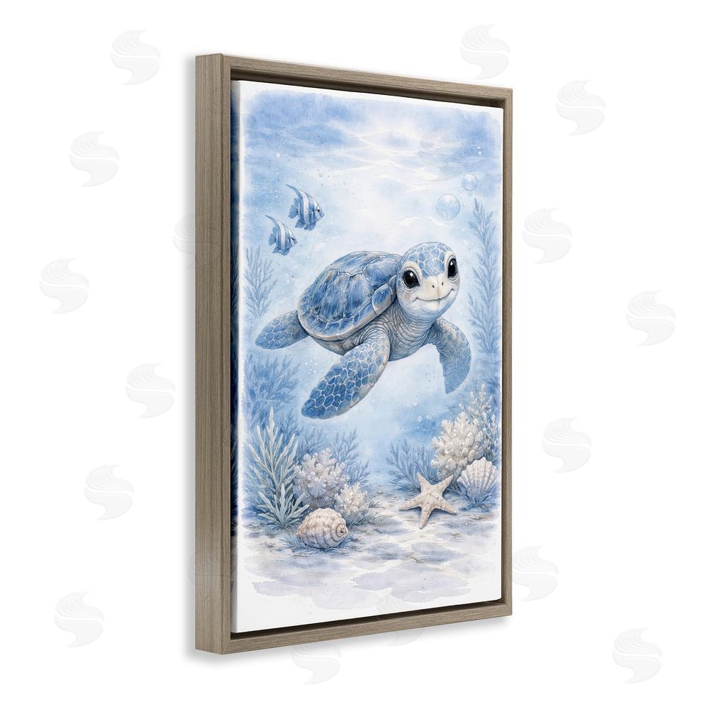 Tom Crehan Baby Blue Sea Turtle Brown Floating Frame Canvas Wall Art Print