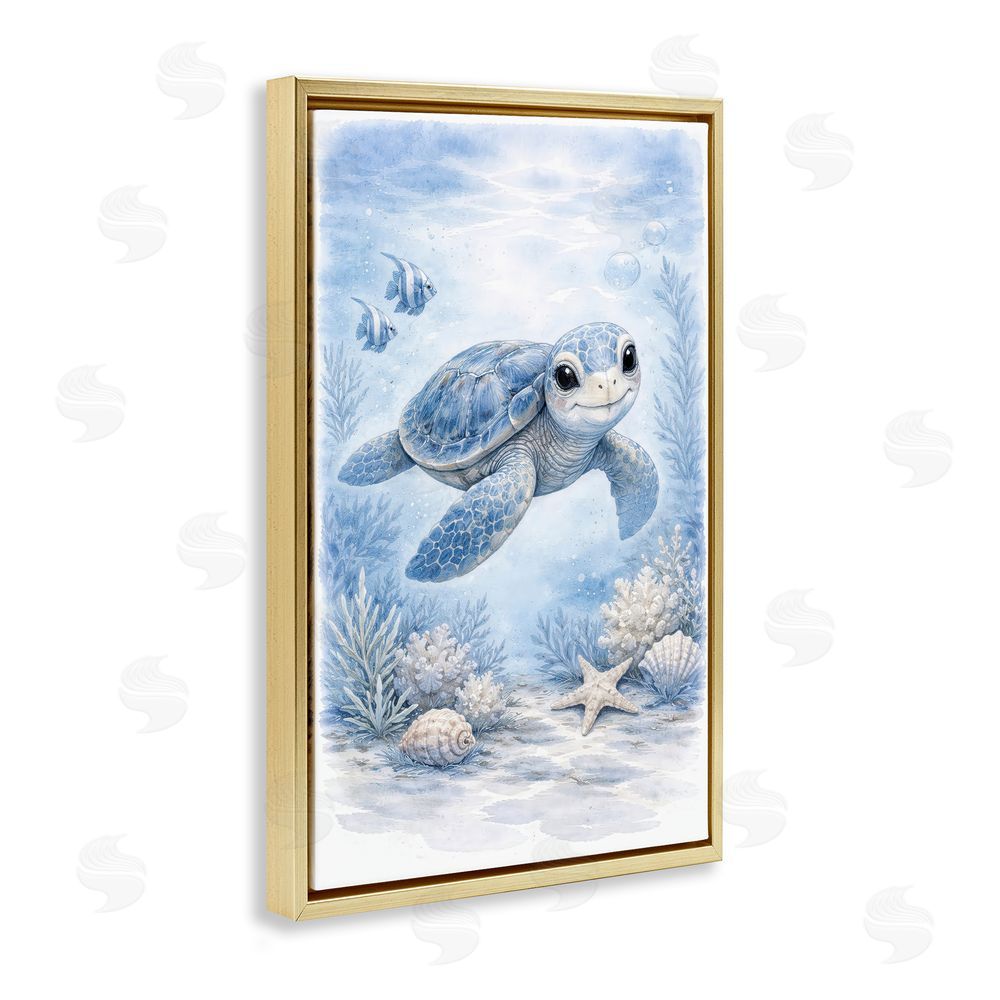 Tom Crehan Baby Blue Sea Turtle Gold Floating Frame Canvas Wall Art Print