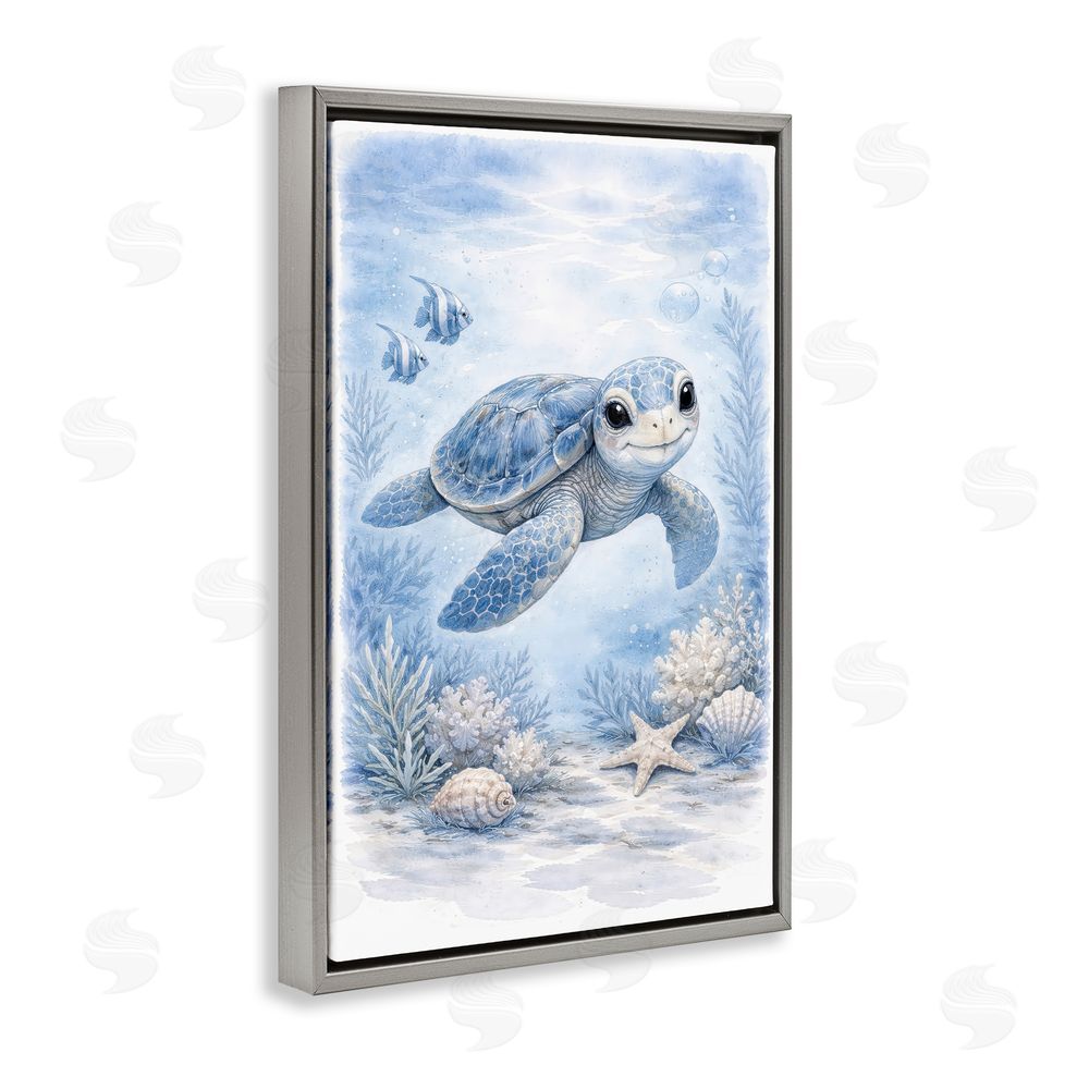 Tom Crehan Baby Blue Sea Turtle Gray Floating Frame Canvas Wall Art Print