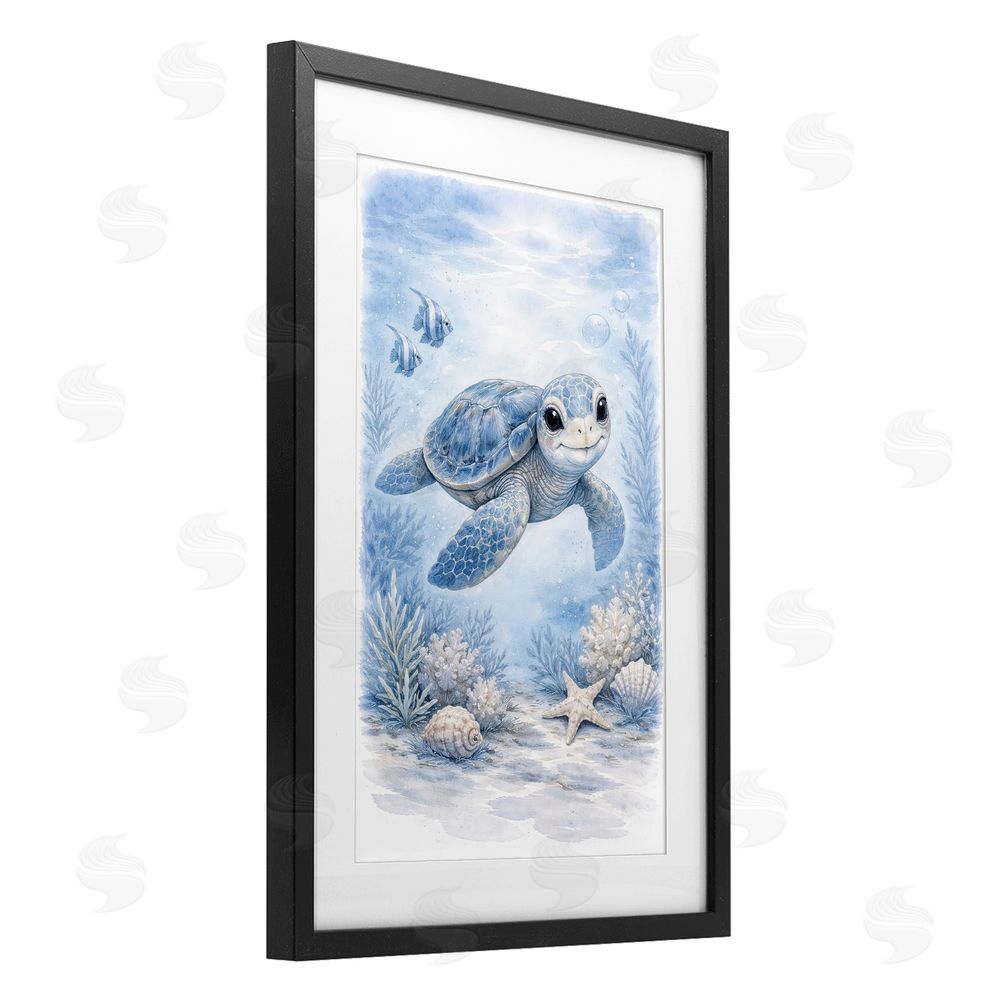 Tom Crehan Baby Blue Sea Turtle Black Framed Print Under Glass Wall Art