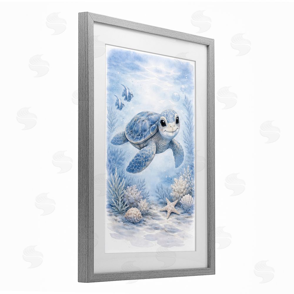 Tom Crehan Baby Blue Sea Turtle Gray Framed Print Under Glass Wall Art
