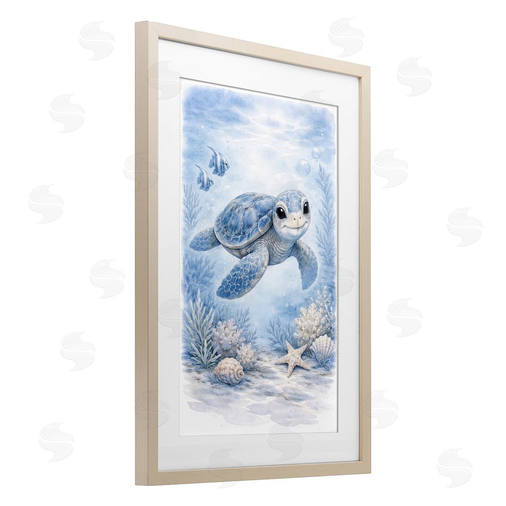 Tom Crehan Baby Blue Sea Turtle Brown Framed Print Under Glass Wall Art