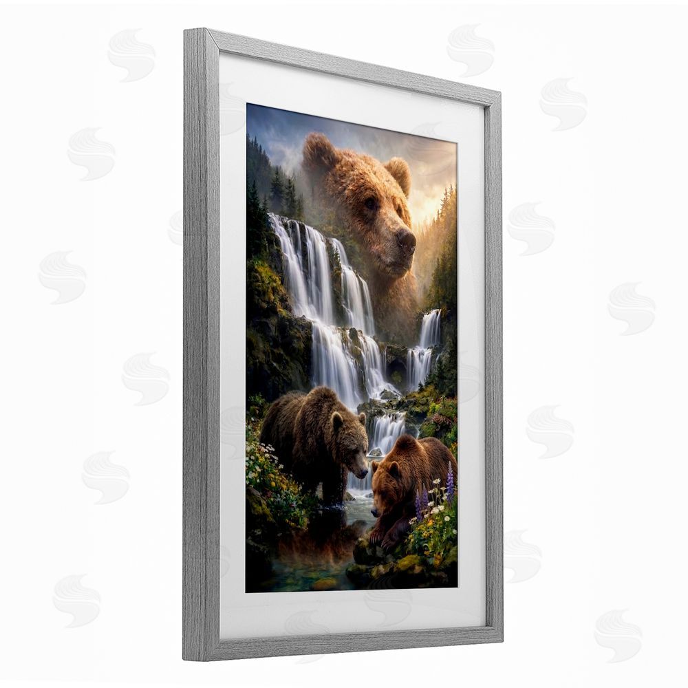 Sean McKinney Bear Overlook At Waterfall Gray Framed Print Under Glass Wall Art