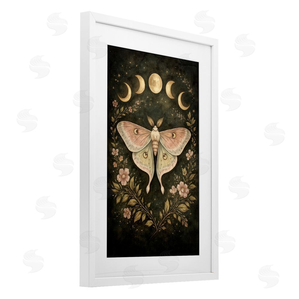 Tom Crehan Celestial Moth with Lunar Phases White Framed Print Under Glass Wall Art