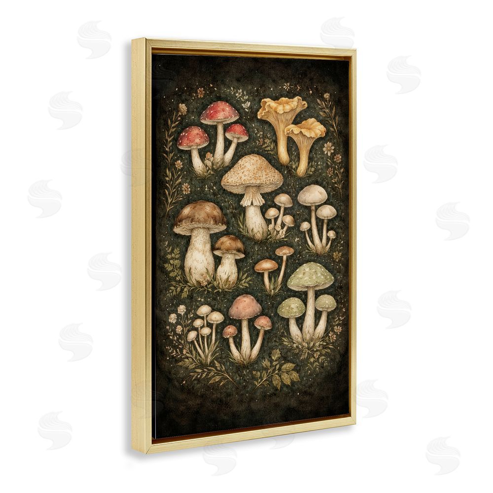 TOMCRE154835 Organic Sprouting Mushrooms Gold Floating Framed Canvas Wall Art