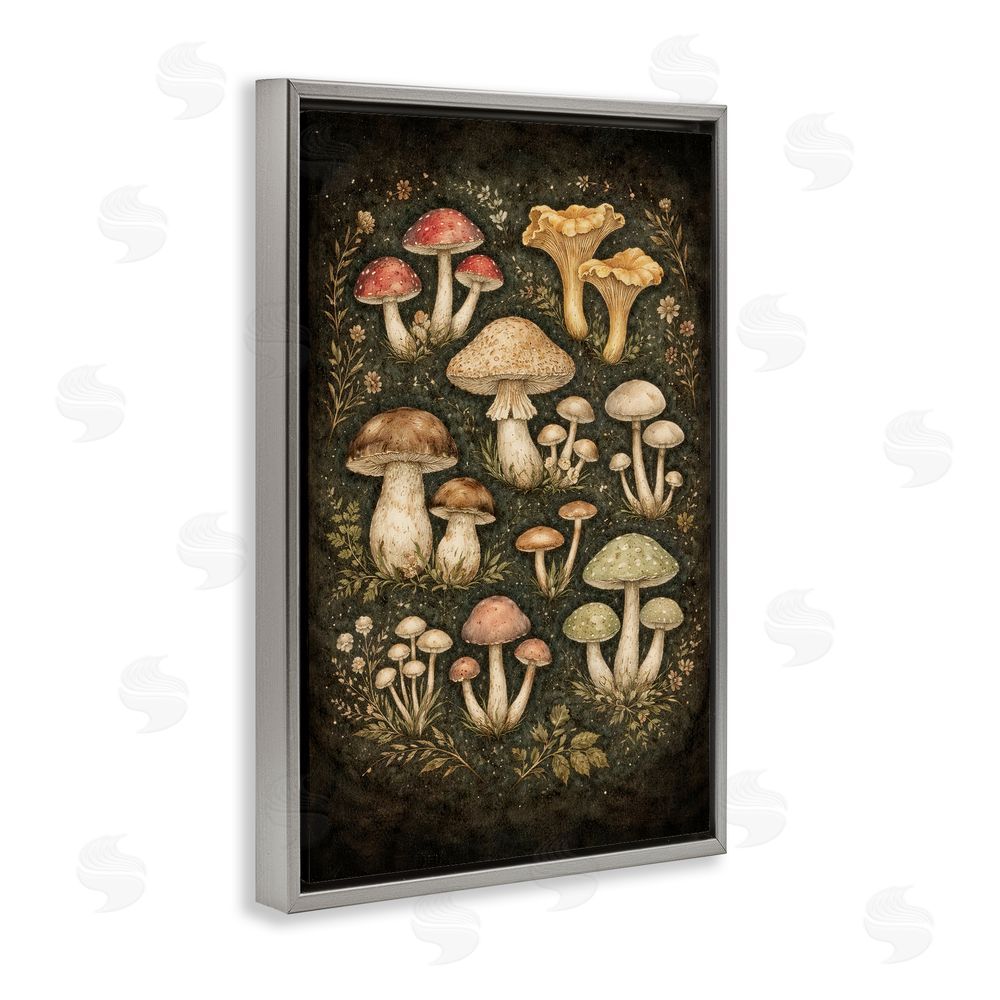 TOMCRE154835 Organic Sprouting Mushrooms Gray Floating Framed Canvas Wall Art