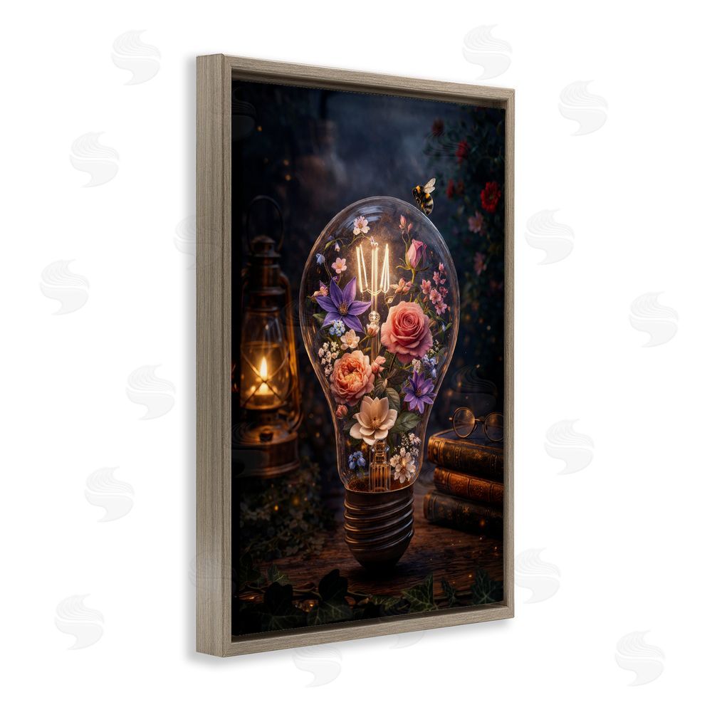 Sean McKinney Blooming Flowers in Light Bulb Brown Floating Frame Canvas Wall Art Print