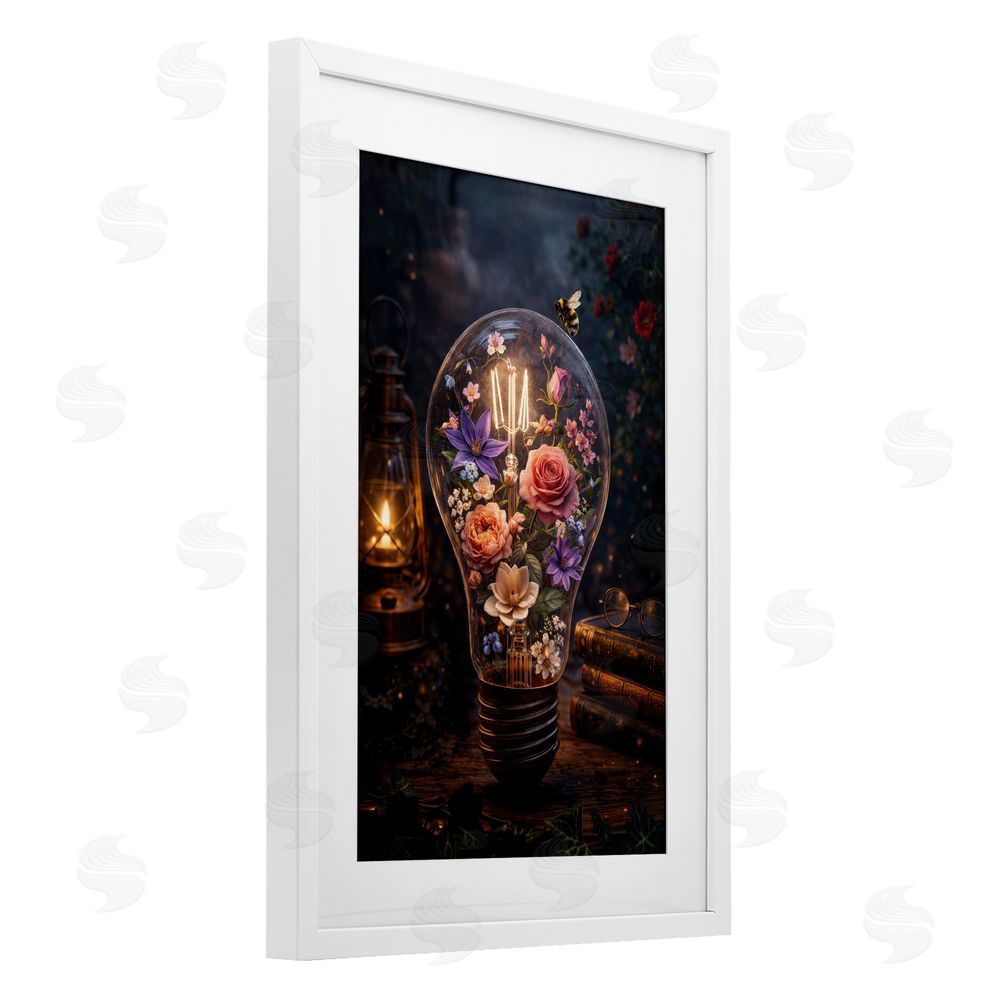 Sean McKinney Blooming Flowers in Light Bulb White Framed Print Under Glass Wall Art