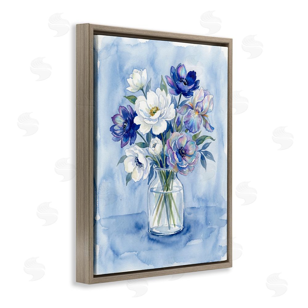 Imagine It Images Blue & White Arrangement of Flowers Brown Floating Frame Canvas Wall Art Print