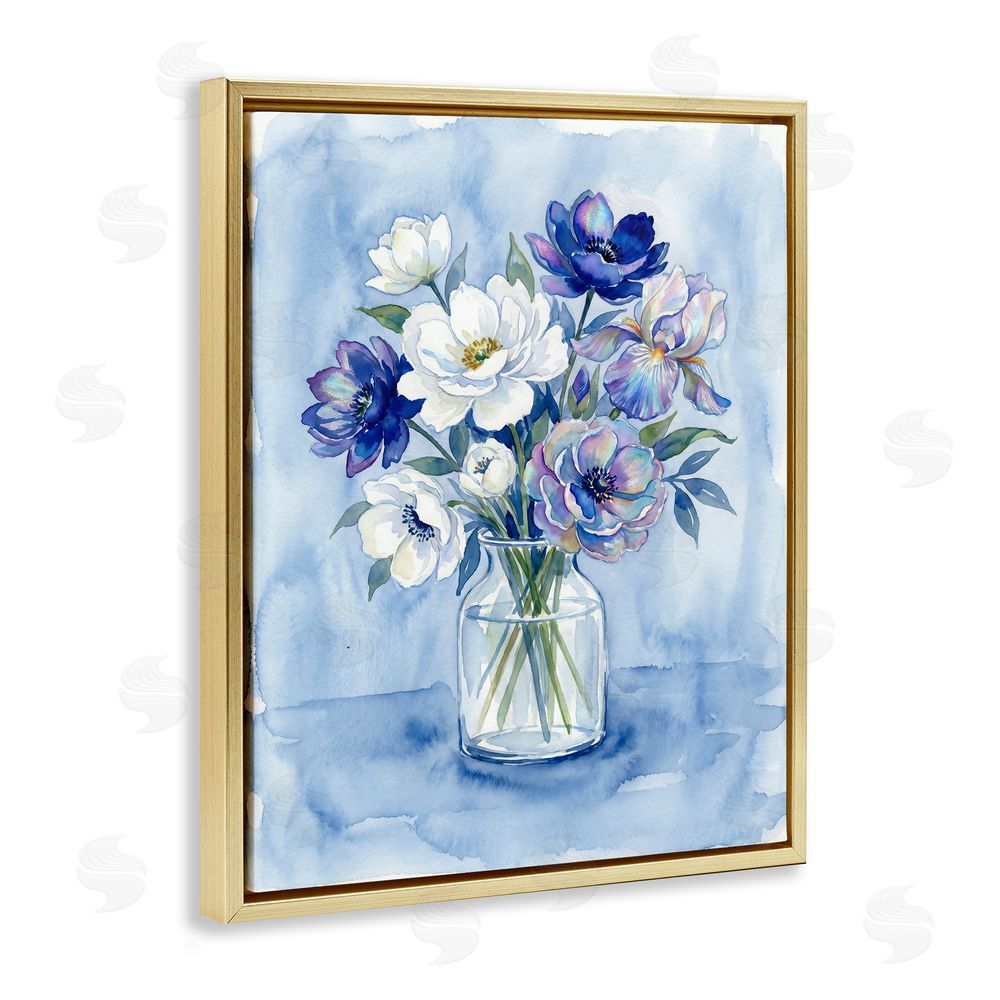 Imagine It Images Blue & White Arrangement of Flowers Gold Floating Frame Canvas Wall Art Print