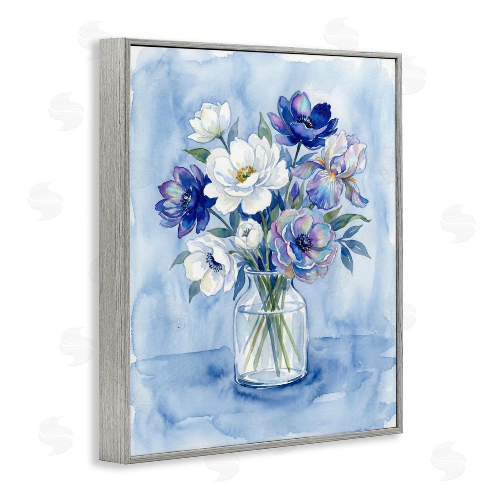 Imagine It Images Blue & White Arrangement of Flowers Gray Framed Giclee Wall Art Print