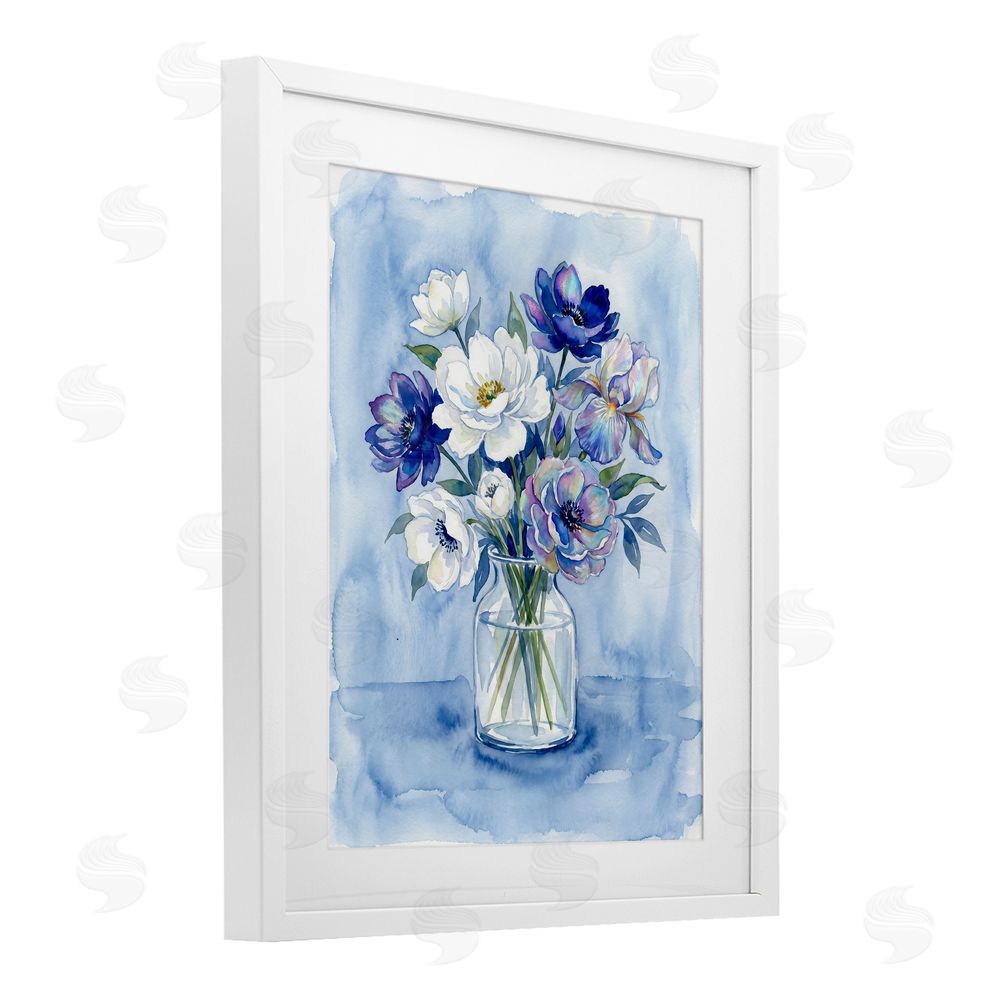 Imagine It Images Blue & White Arrangement of Flowers White Framed Print Under Glass Wall Art