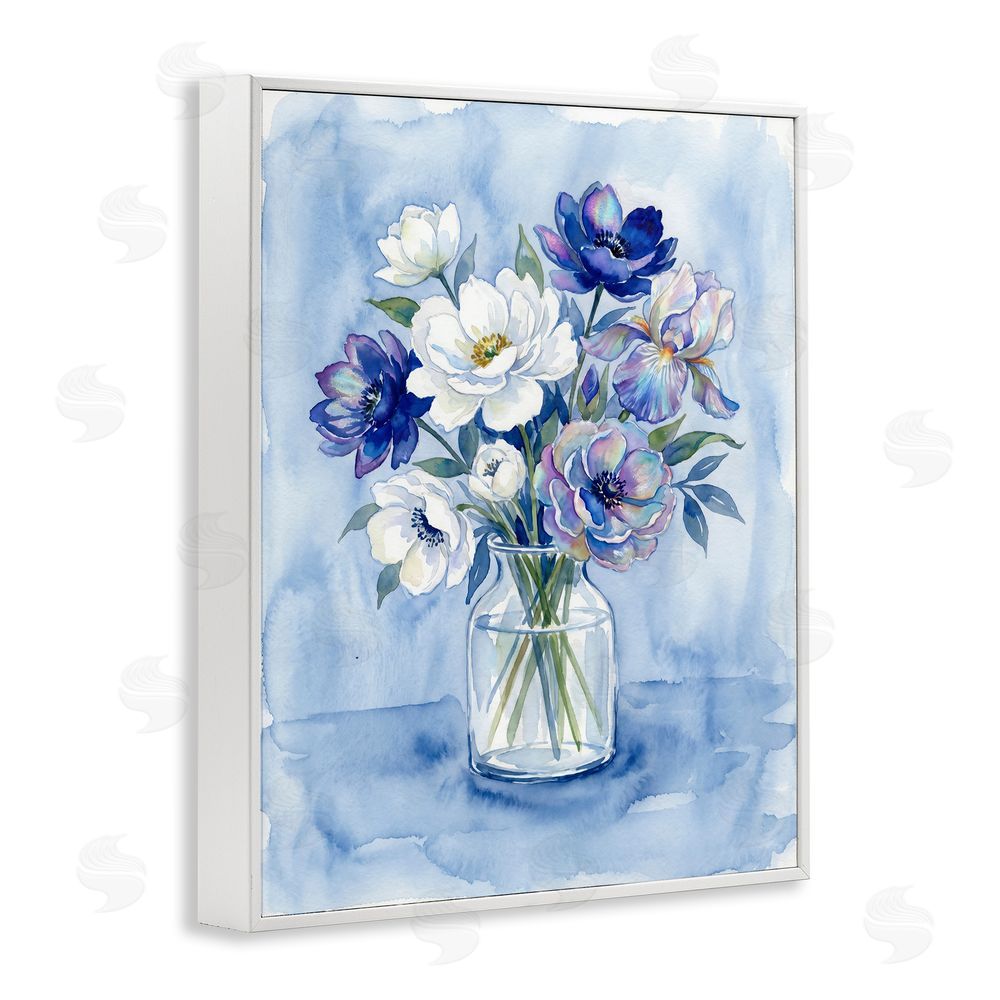 Imagine It Images Blue & White Arrangement of Flowers White Framed Giclee Wall Art Print