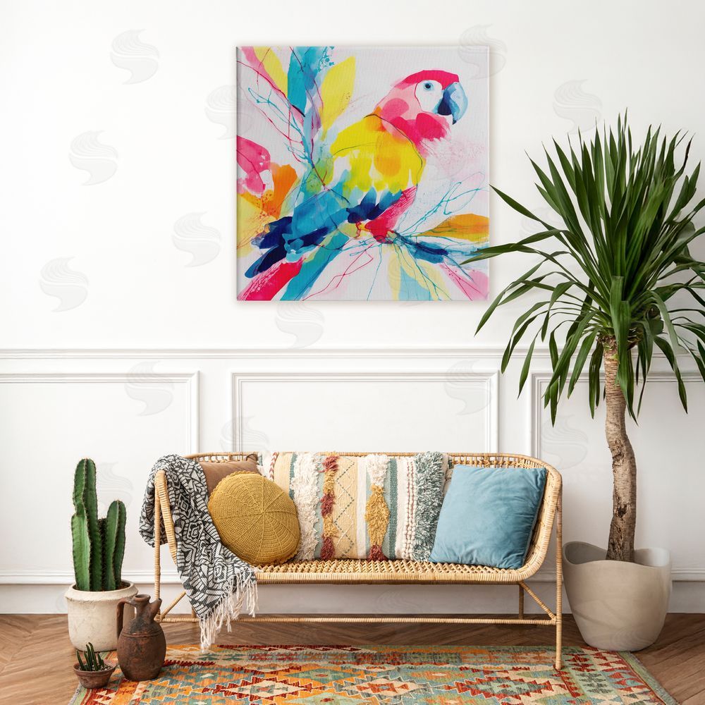 Chromatic Storm Studio Expressive Parrot in Bloom Stretched Canvas Wall Art in Room