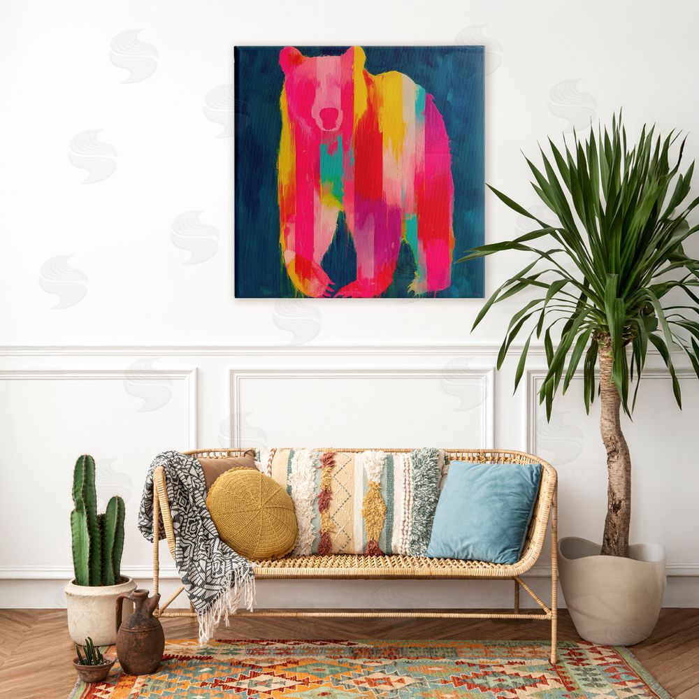 Chromatic Storm Studio Pink & Yellow Bear Standing Tall Stretched Canvas Wall Art in Room