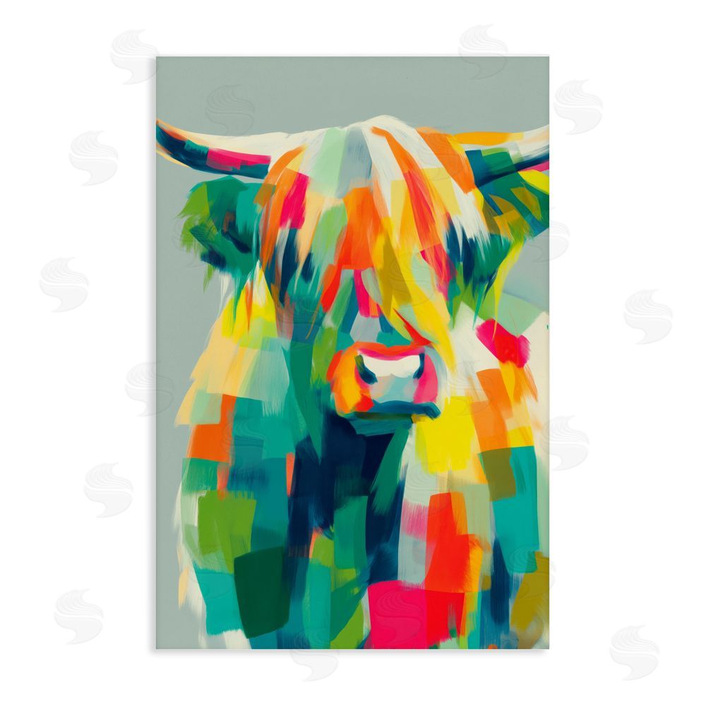 Chromatic Storm Studio Highland Cow Abstract Patchwork Stretched Canvas Wall Art