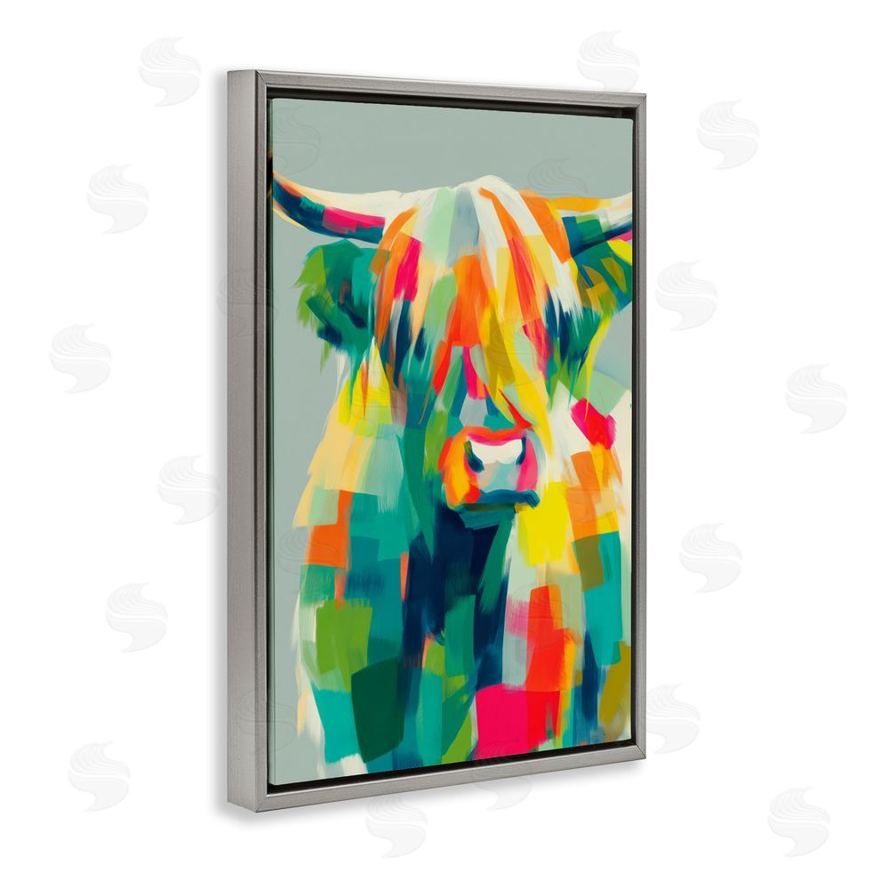 Chromatic Storm Studio Highland Cow Abstract Patchwork Gray Floating Framed Canvas Wall Art