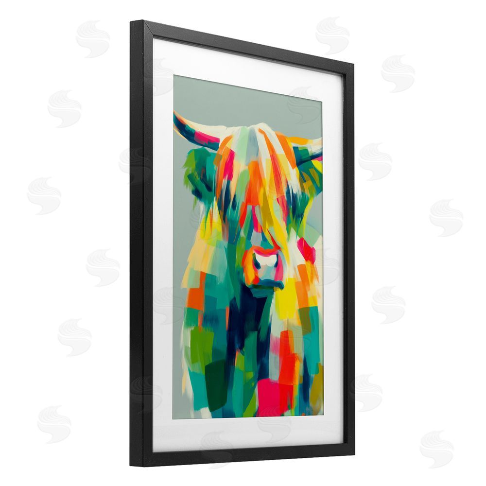 Chromatic Storm Studio Highland Cow Abstract Patchwork Black Framed Print Under Glass Wall Art
