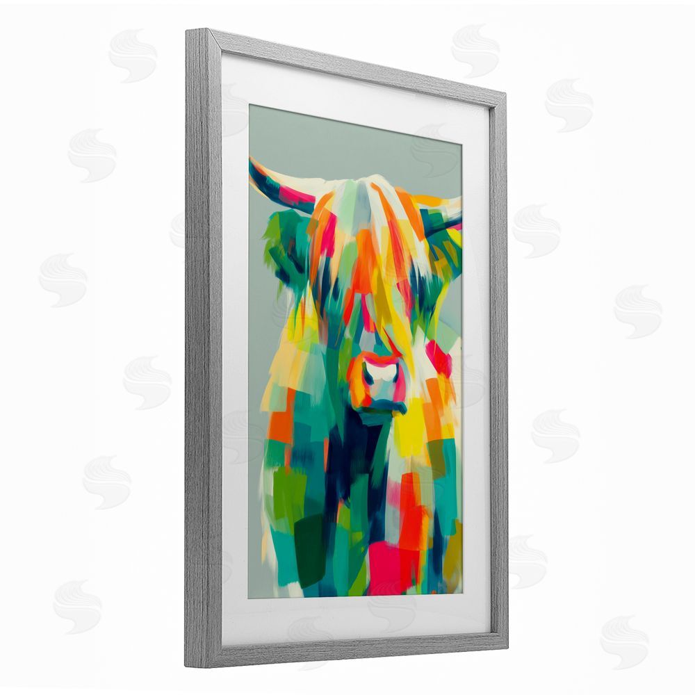 Chromatic Storm Studio Highland Cow Abstract Patchwork Gray Framed Print Under Glass Wall Art