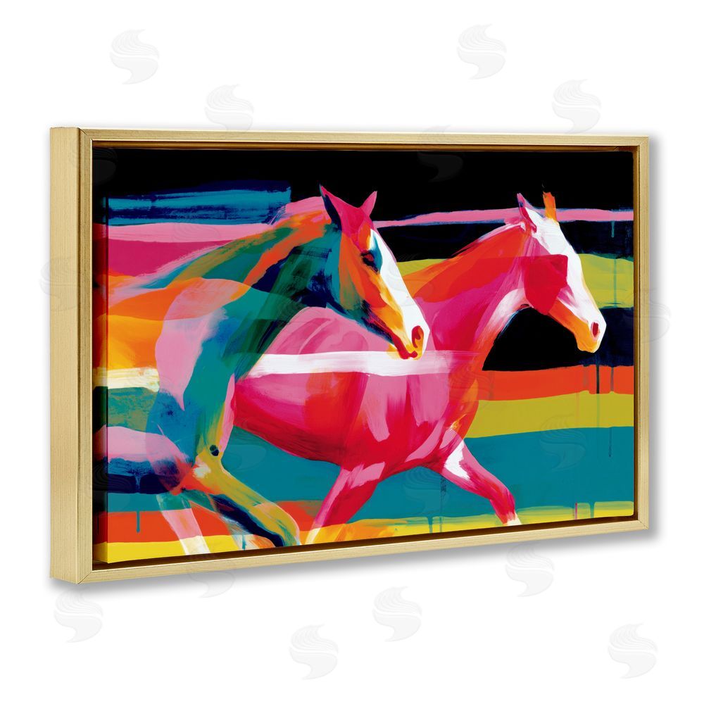 Chromatic Storm Studio Wild Horses Running Through Stripes Gold Floating Framed Canvas Wall Art Print