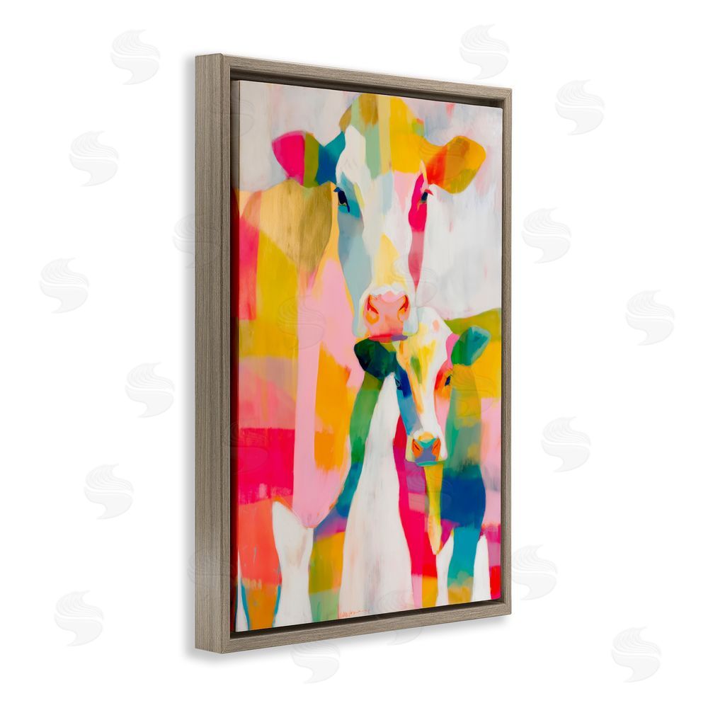 Chromatic Storm Studio Cow Family in Cubist Abstract Brown Floating Frame Canvas Wall Art Print