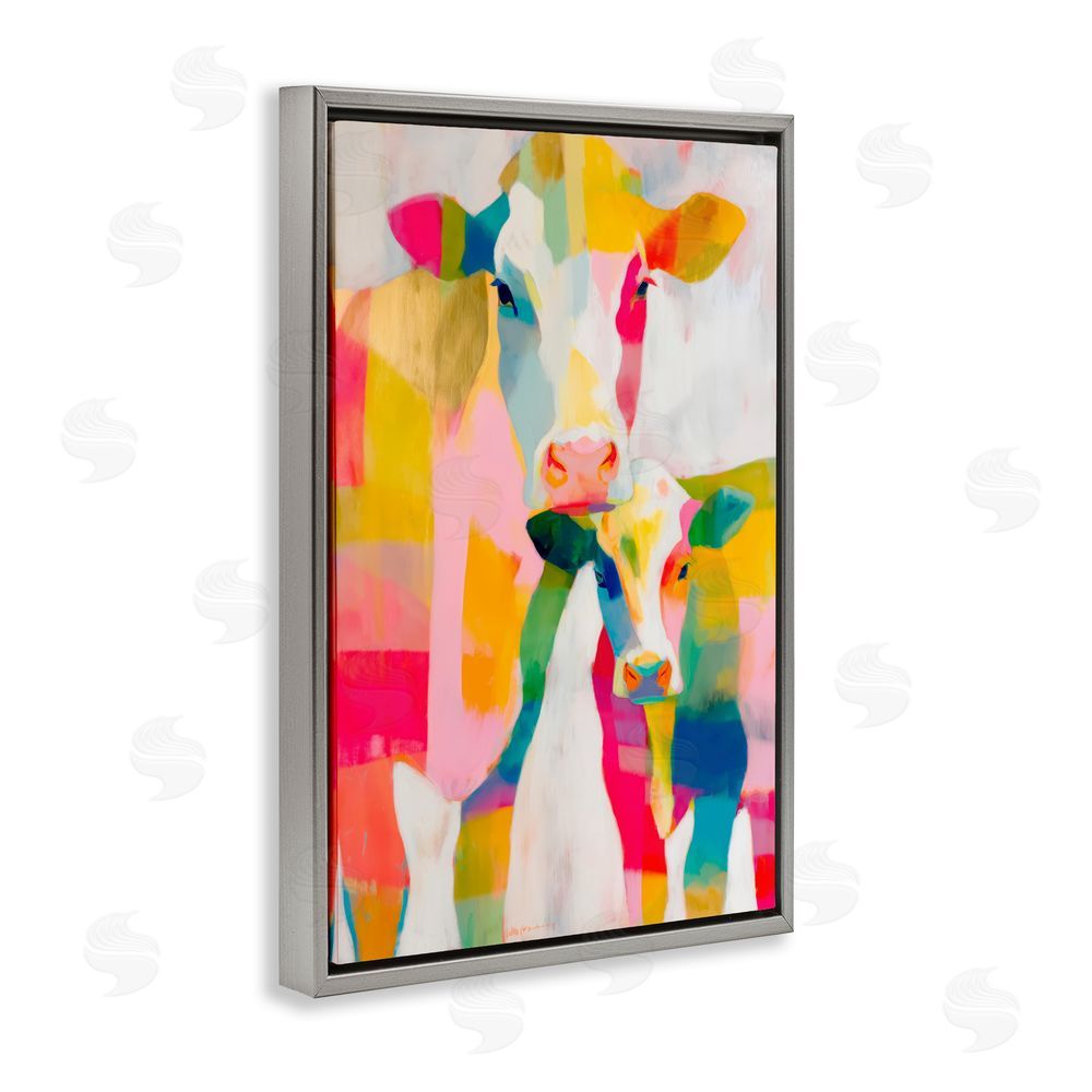 Chromatic Storm Studio Cow Family in Cubist Abstract Gray Floating Frame Canvas Wall Art Print