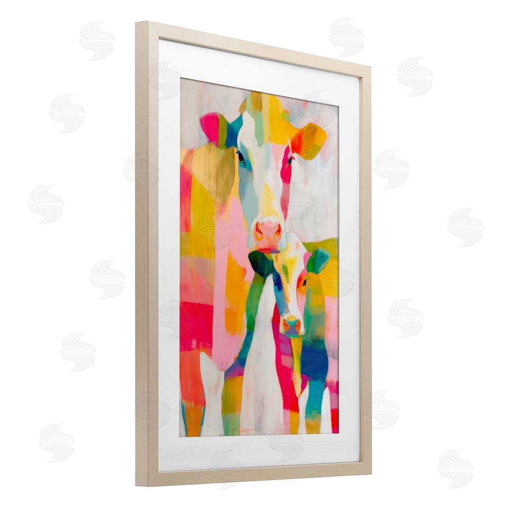 Chromatic Storm Studio Cow Family in Cubist Abstract Brown Framed Print Under Glass Wall Art