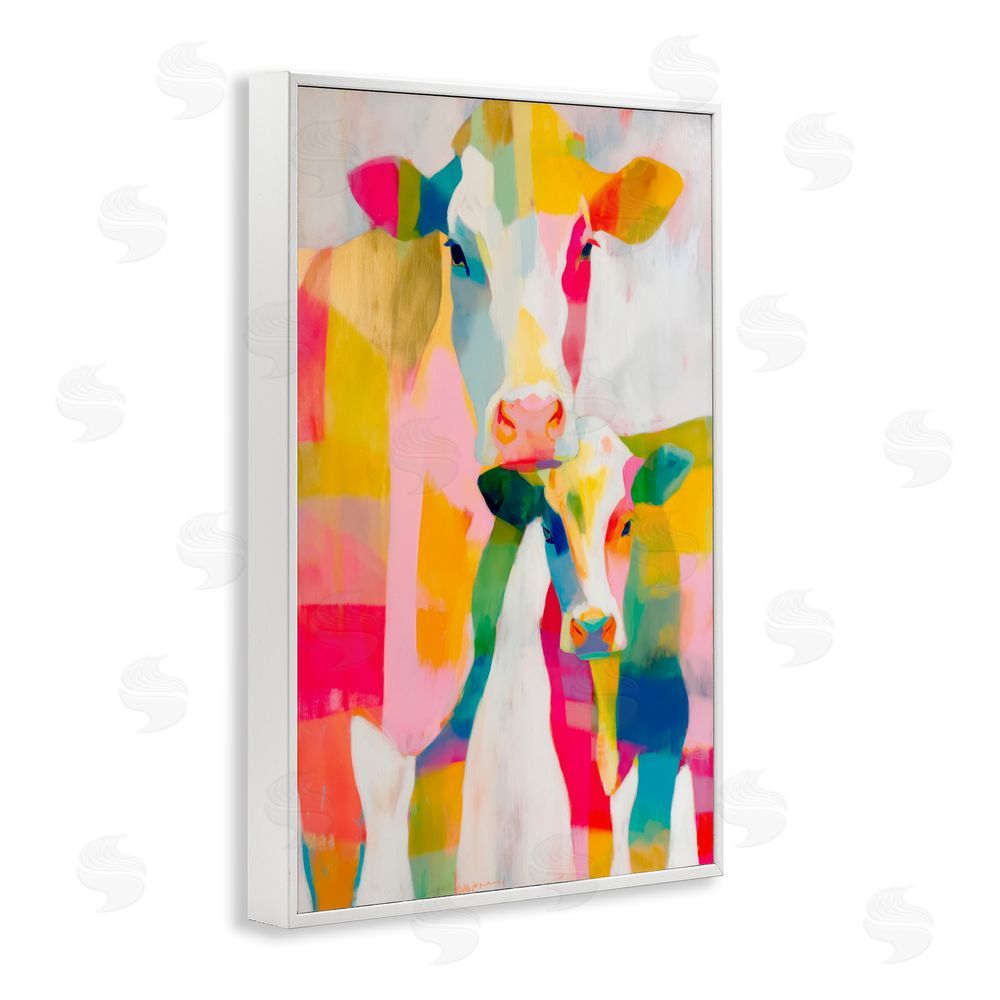 Chromatic Storm Studio Cow Family in Cubist Abstract White Framed Giclee Wall Art Print