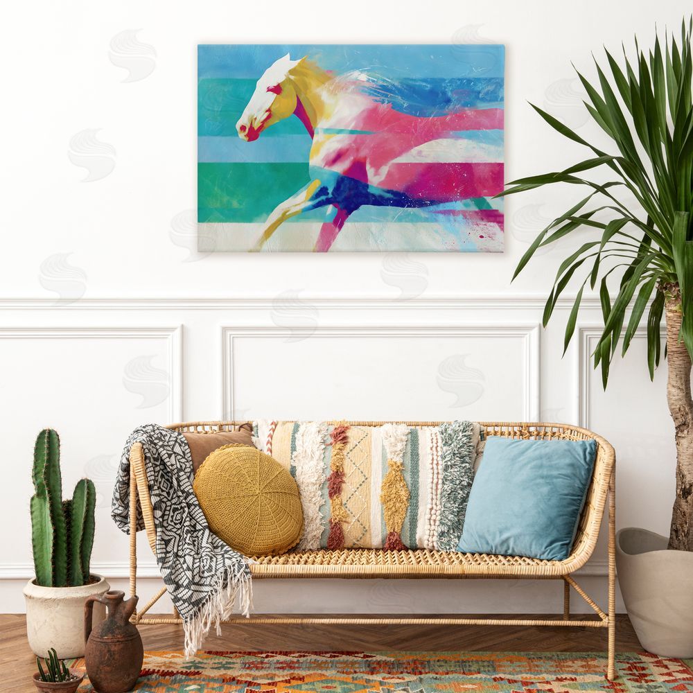 Chromatic Storm Studio Abstract Horse In Stripes Stretched Canvas Wall Art Print in Room