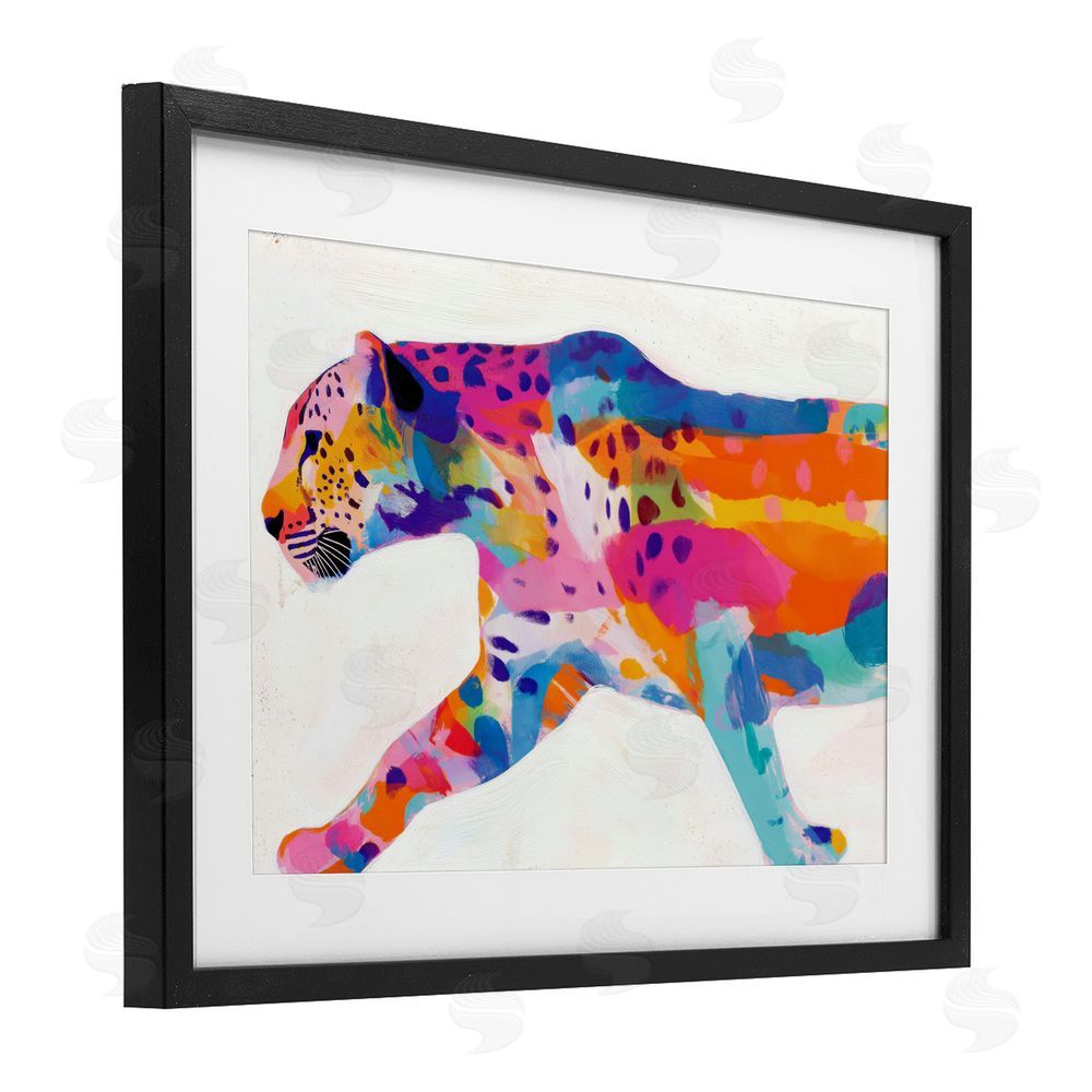 Chromatic Storm Studio Vibrant Hued Cheetah In Motion Black Framed Print Under Glass with White Mat Wall Art