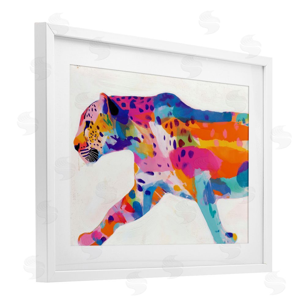 Chromatic Storm Studio Vibrant Hued Cheetah In Motion White Framed Print Under Glass with White Mat Wall Art
