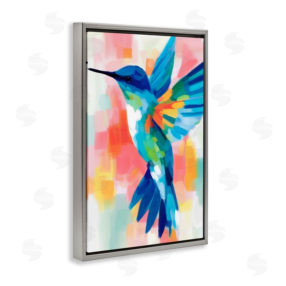 Chromatic Storm Studio Blue Hummingbird in Flight Gray Floating Frame Stretched Canvas Wall Art Print