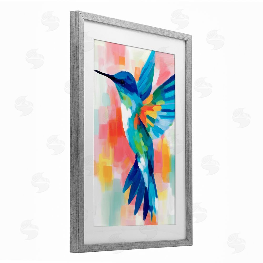 Chromatic Storm Studio Blue Hummingbird in Flight Gray Framed Print Under Glass with Matting Wall Art