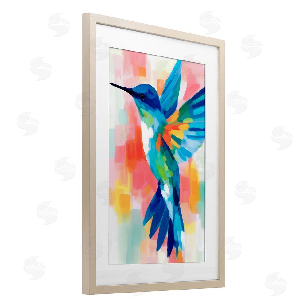 Chromatic Storm Studio Blue Hummingbird in Flight Brown Framed Print Under Glass with Matting Wall Art
