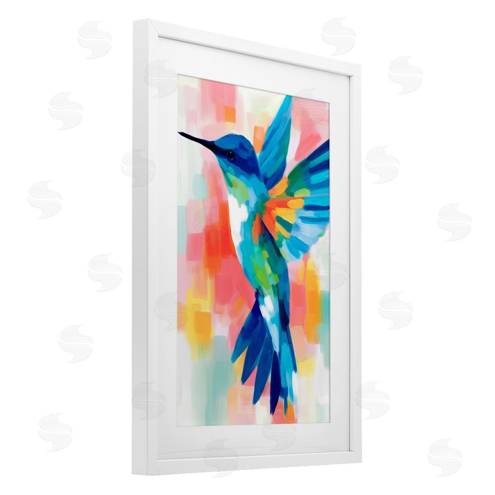 Chromatic Storm Studio Blue Hummingbird in Flight White Framed Print Under Glass with Matting Wall Art