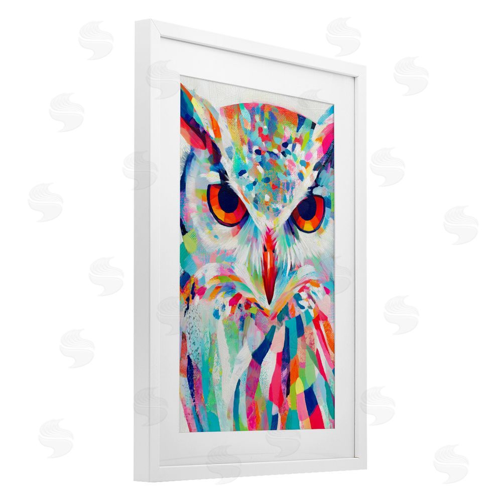 Chromatic Storm Studio Expressive Owl Gaze White Framed Print Under Glass Wall Art