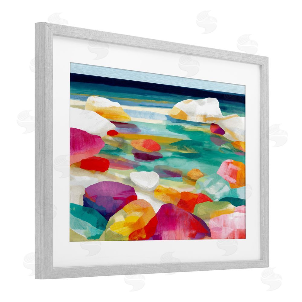 Chromatic Storm Studio Vivid Stones By The Shore Gray Framed Print Under Glass with White Mat Wall Art