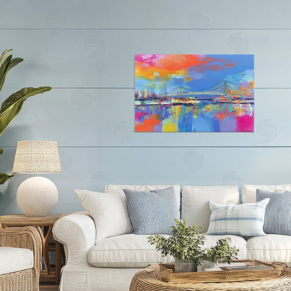 Chromatic Storm Studio Bay Bridge Aglow at Sunrise Stretched Canvas Wall Art Print in Room