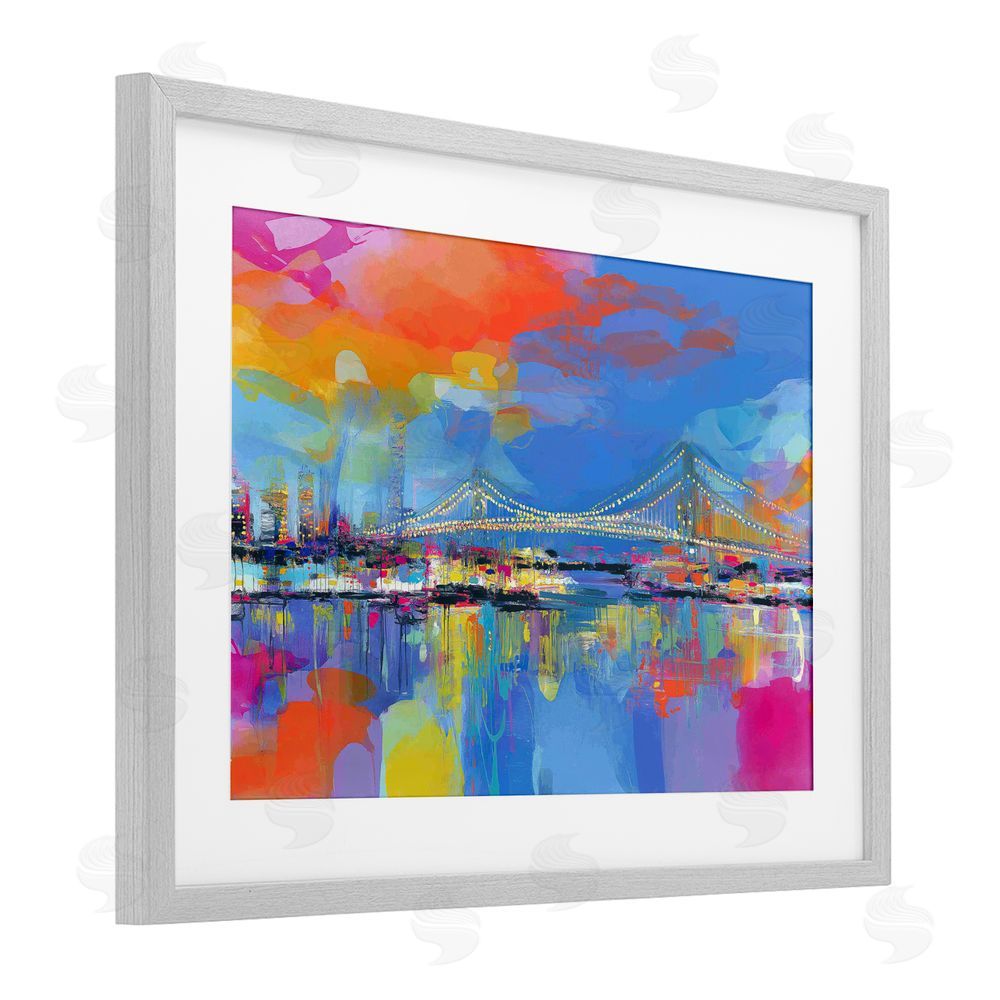 Chromatic Storm Studio Bay Bridge Aglow at Sunrise Gray Framed Print Under Glass with Matting Wall Art