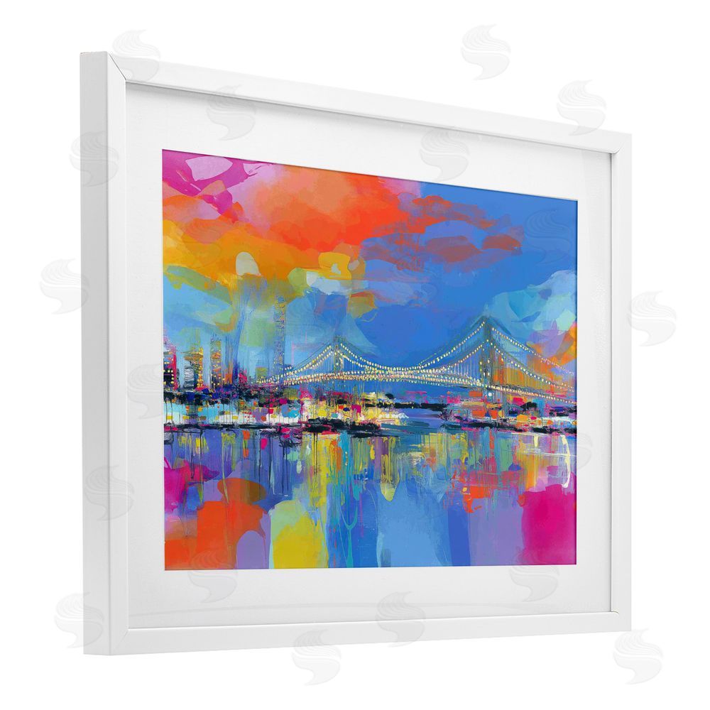 Chromatic Storm Studio Bay Bridge Aglow at Sunrise White Framed Print Under Glass with Matting Wall Art