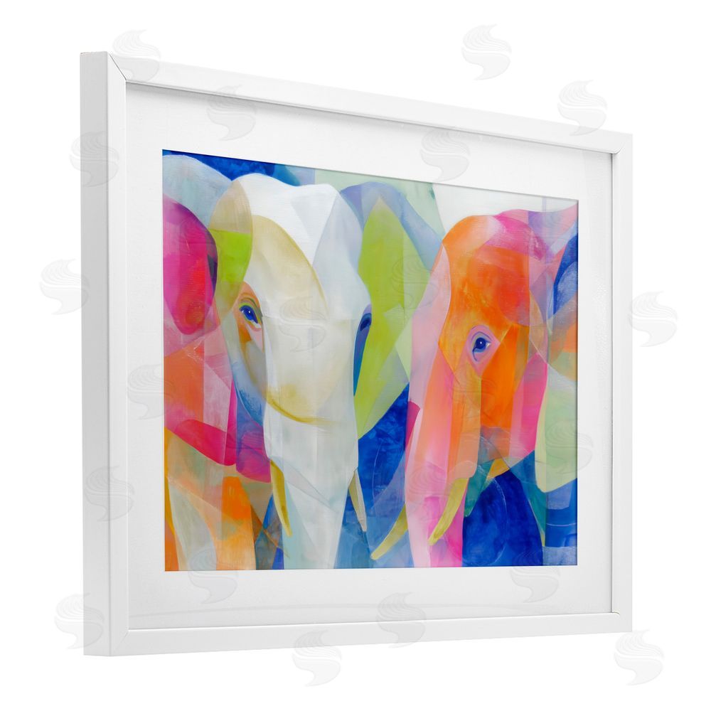 Chromatic Storm Studio Two Elephants Geometric Composition White Framed Print Under Glass with White Mat Wall Art