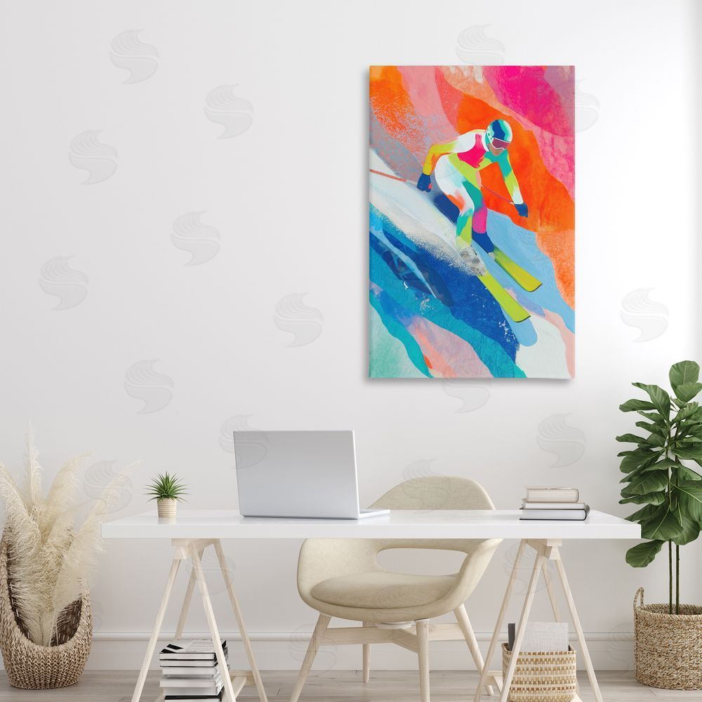 Chromatic Storm Studio Skiing Down Neon Slopes Stretched Canvas on Wall