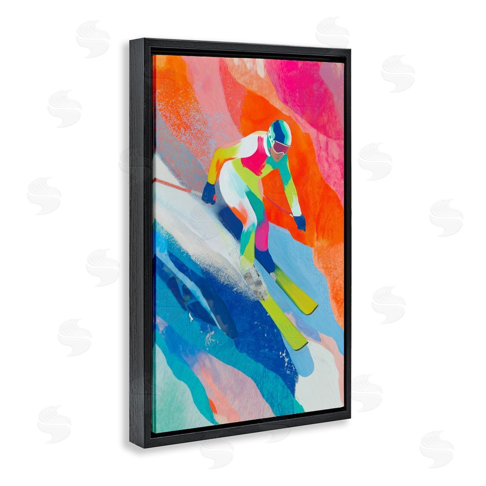 Chromatic Storm Studio Skiing Down Neon Slopes Black Floating Framed Canvas Wall Art Print