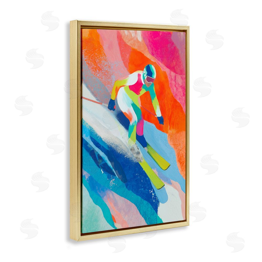 Chromatic Storm Studio Skiing Down Neon Slopes Gold Floating Framed Canvas Wall Art Print