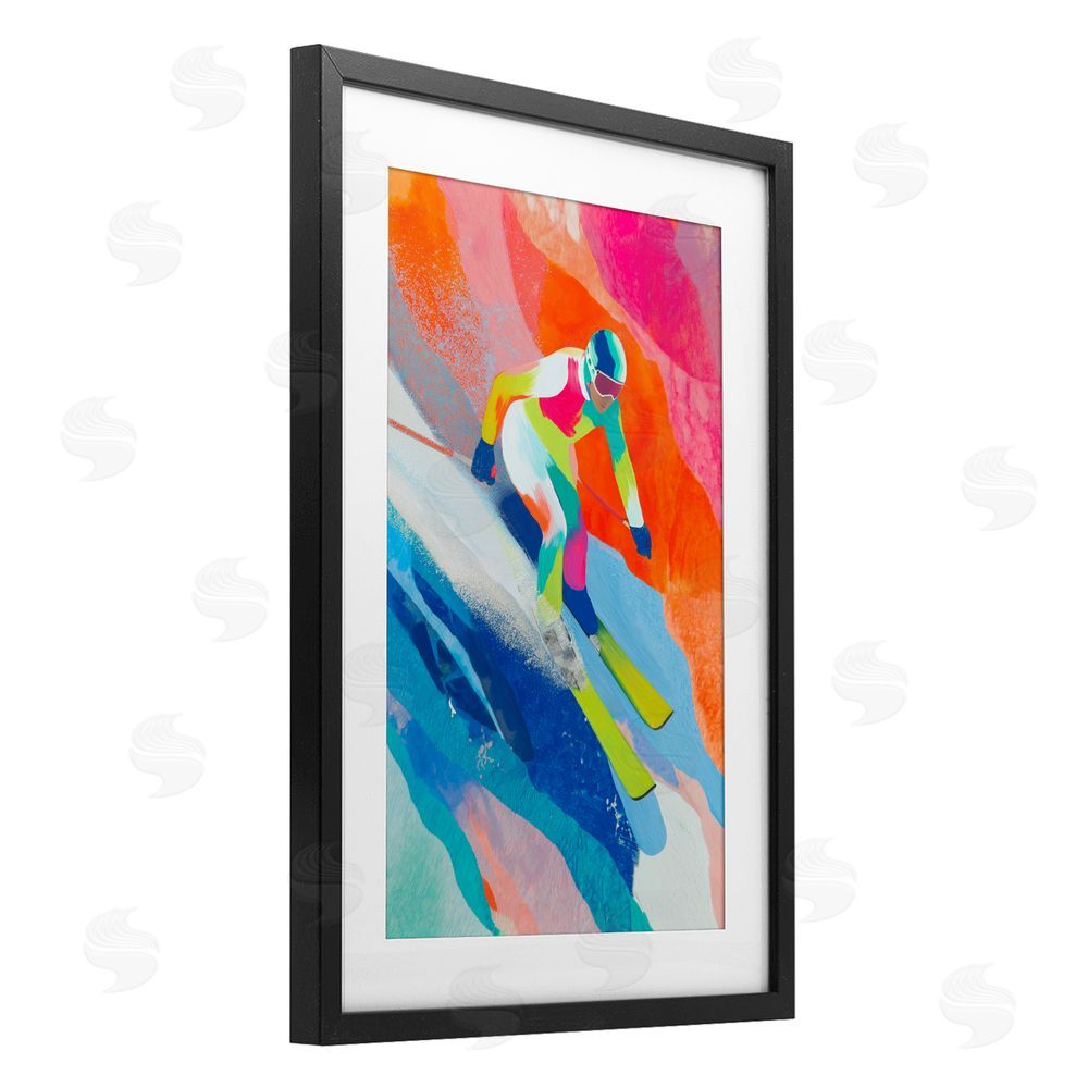 Chromatic Storm Studio Skiing Down Neon Slopes Black Framed Print Under Glass with White Mat Wall Art