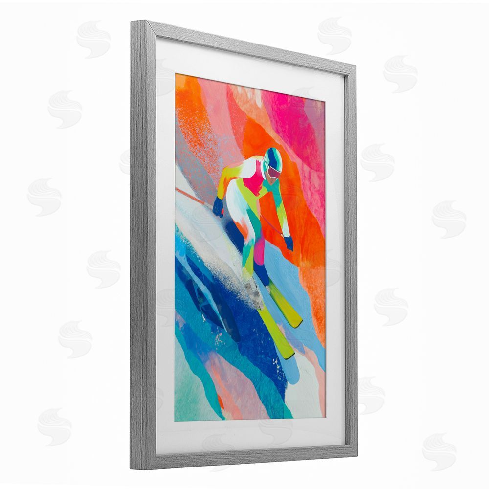 Chromatic Storm Studio Skiing Down Neon Slopes Gray Framed Print Under Glass with White Mat Wall Art