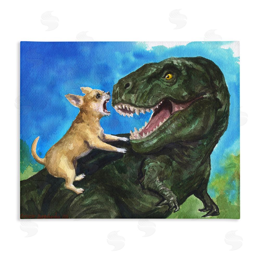 George Dyachenko Chihuahua Vs T-Rex Battle Stretched Canvas Wall Art Print