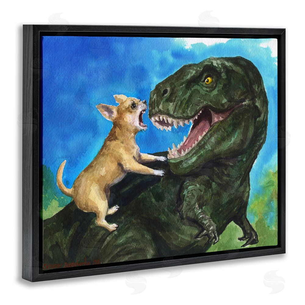 George Dyachenko Chihuahua Vs T-Rex Battle Black Floating Frame Canvas Wall Art Print